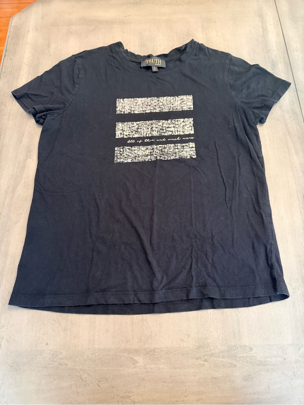 Truth Black Short-Sleeve Crewneck Tee with White Distressed Stripe Graphic